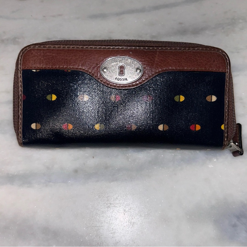 Fossil Key Per Coated Canvas Wallet Multi Credit Card Slots Zipper Leather Trim
